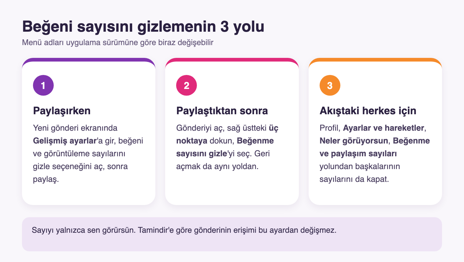 Instagram beğeni sayısını gizlemenin üç yolunu gösteren adım adım şema