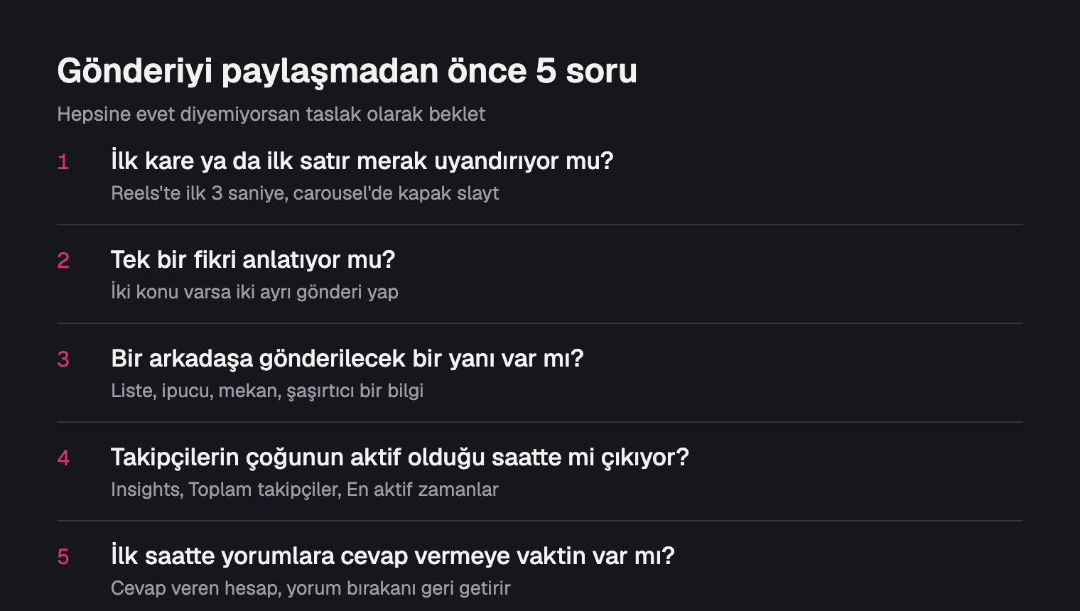Gönderi paylaşmadan önce sorulacak beş sorunun listesi